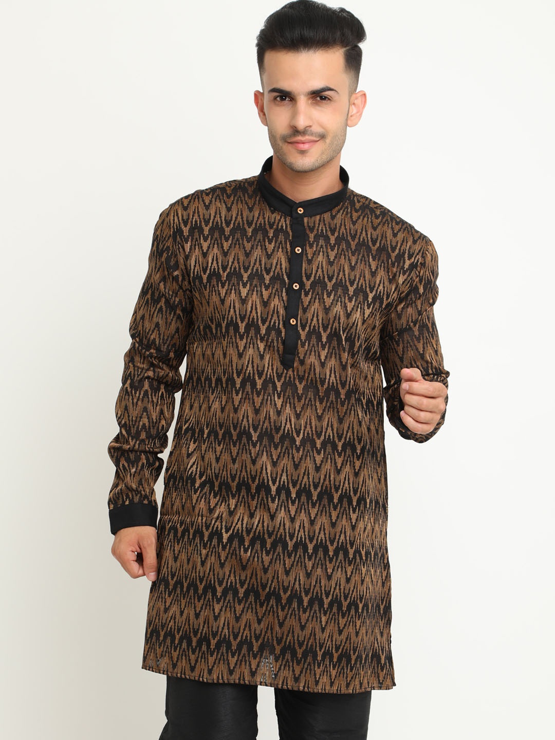 SHOWOFF Men Brown & Black Printed Straight Kurta