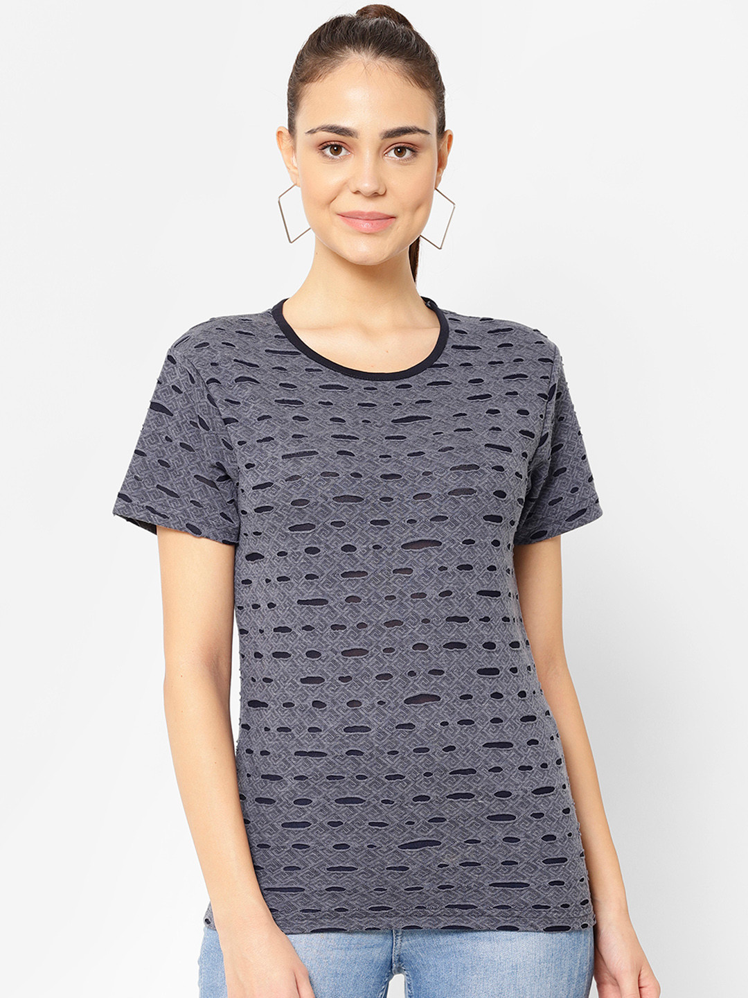 

MACK JONNEY Women Navy Blue Self Design Round Neck T-shirt