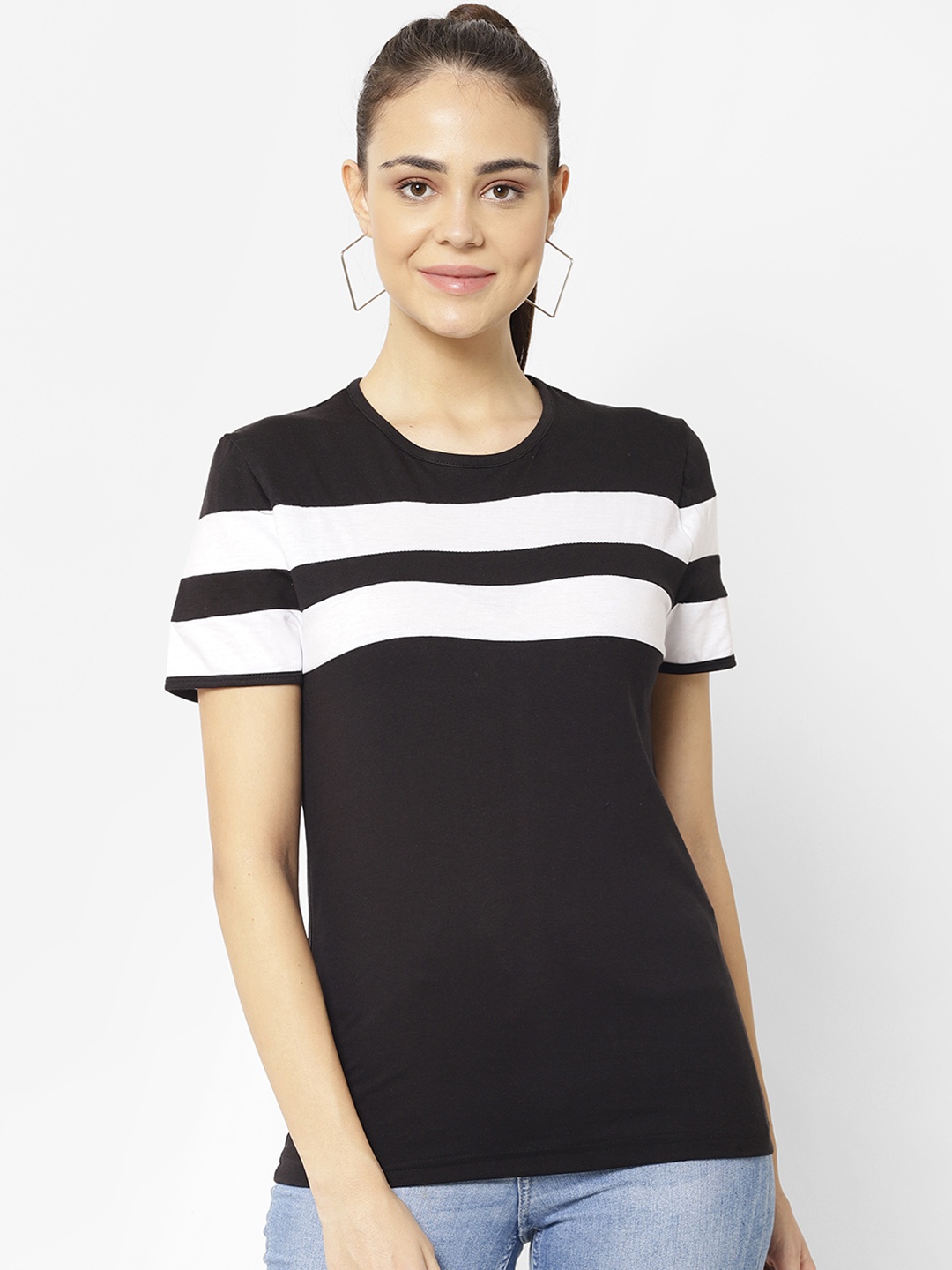 

MACK JONNEY Women Black Striped Round Neck T-shirt