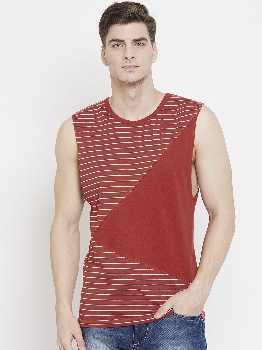 

Hypernation Men Orange Striped Round Neck Pure Cotton T-shirt