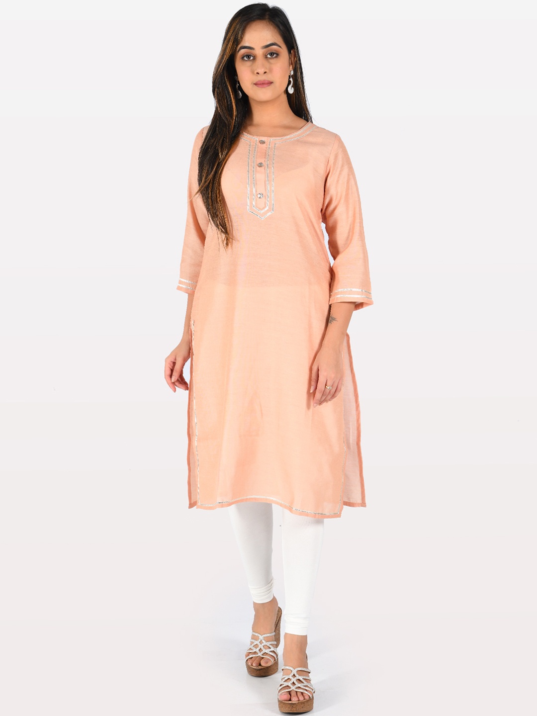 

Neerus Women Peach Yoke Design Straight Kurta