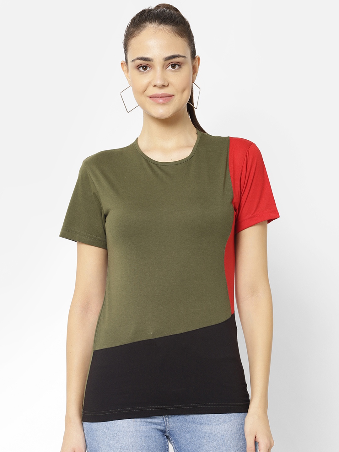 

MACK JONNEY Women Olive Green & Orange Colourblocked Round Neck T-shirt