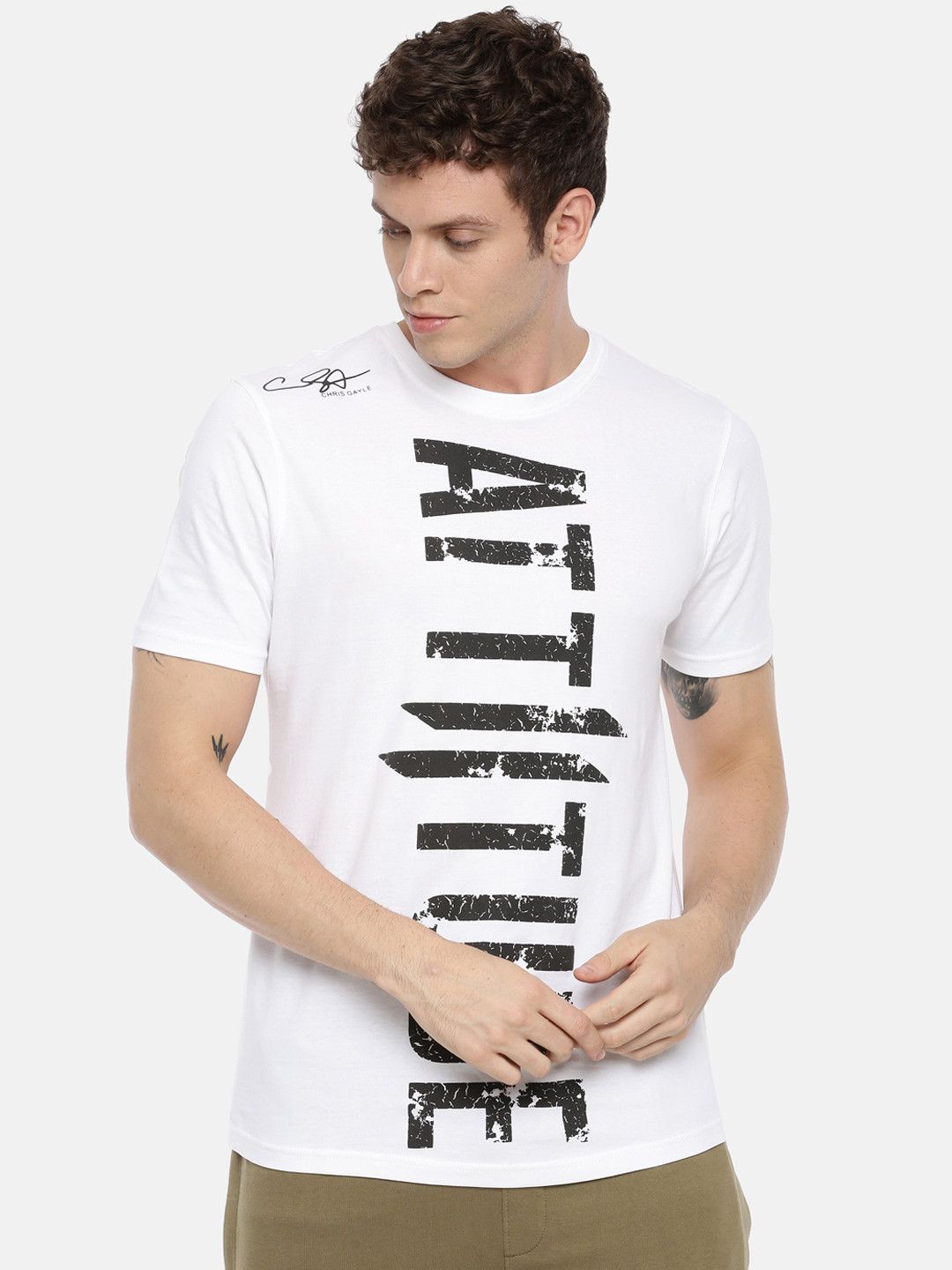 

ATTIITUDE Men White & Black Logo Slim Fit Printed Round Neck Pure Cotton T-shirt