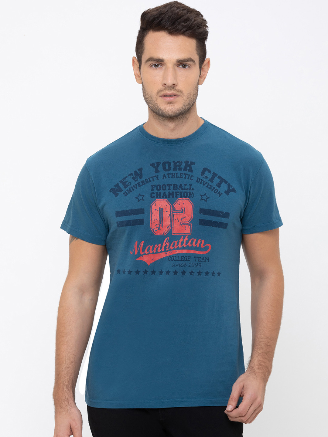 

Globus Men Blue Printed Round Neck T-shirt