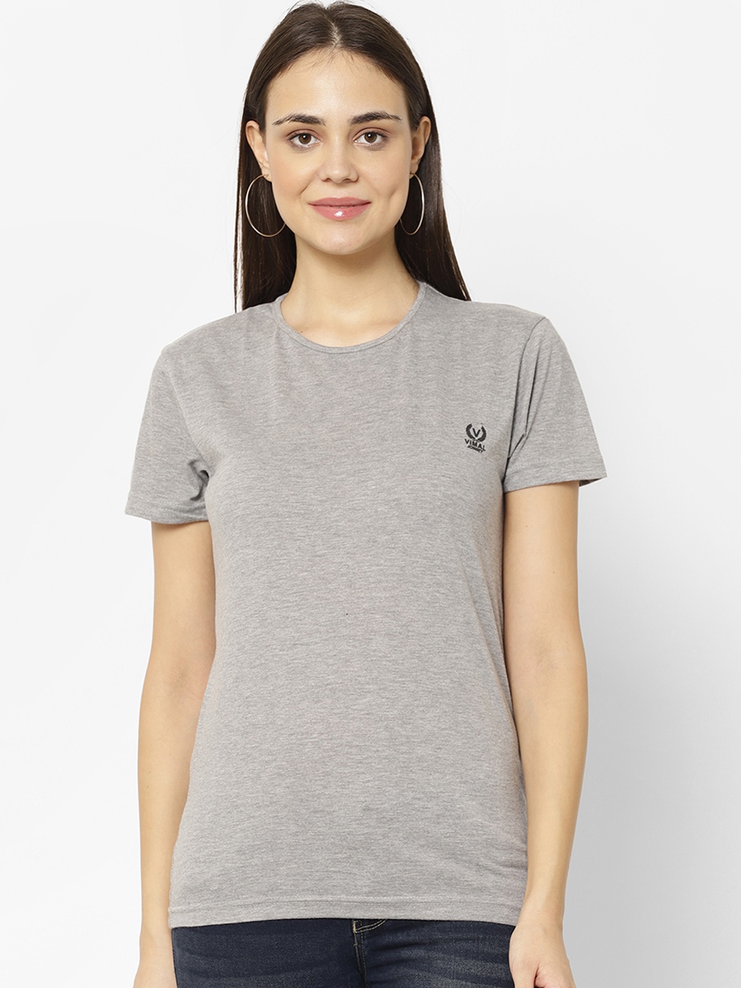 

MACK JONNEY Women Grey Melange Solid Round Neck T-shirt