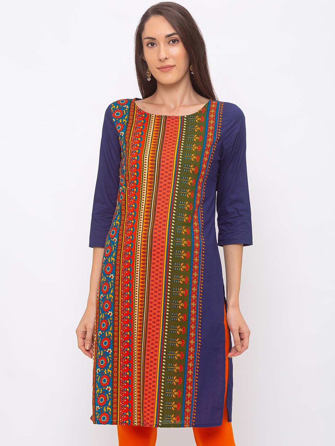 

Globus Women Navy Blue Printed Straight Kurta