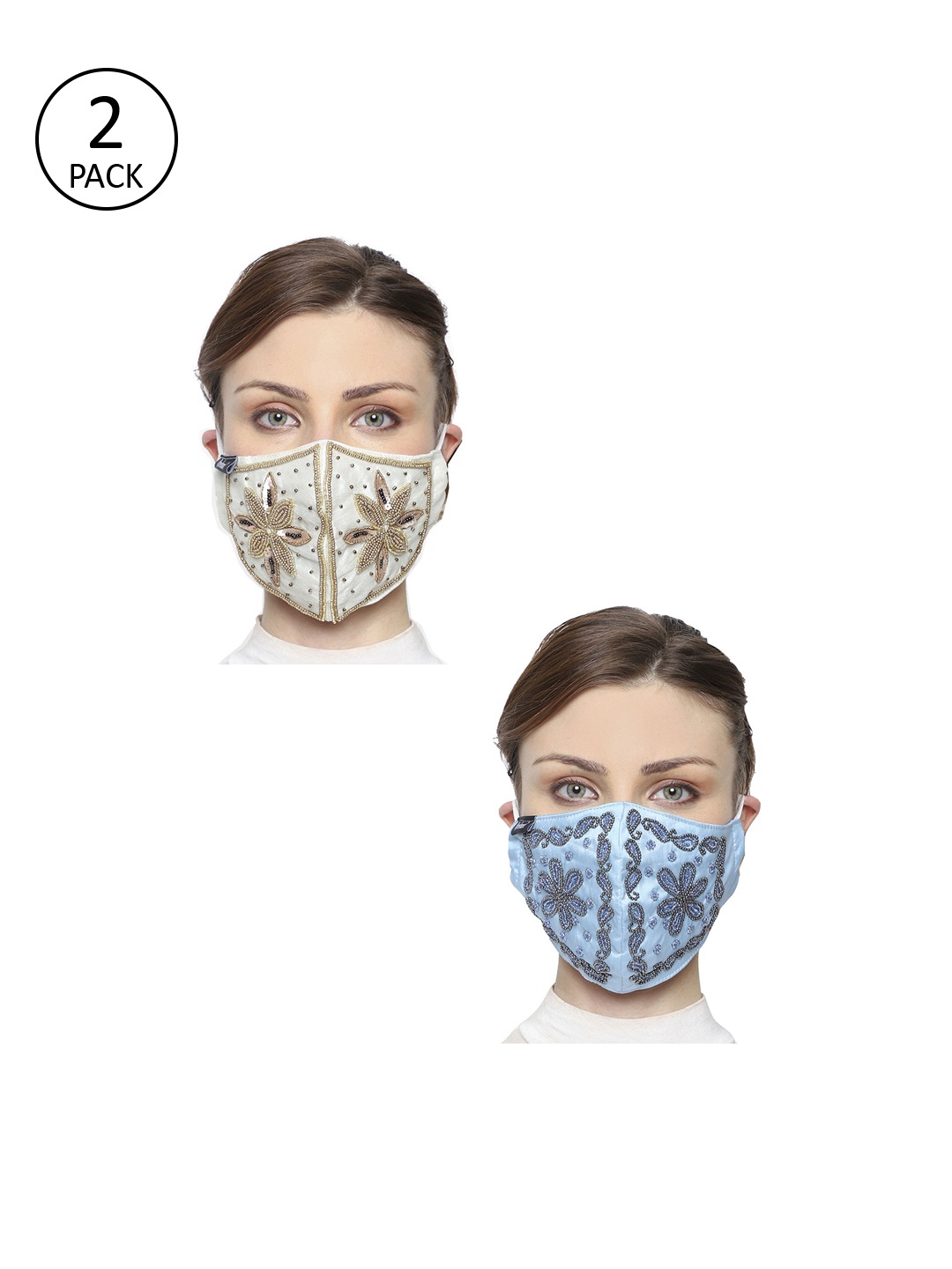 Anekaant Women Pack Of 2 Art Silk Embellished 3-Ply Reusable Cloth Masks, Blue