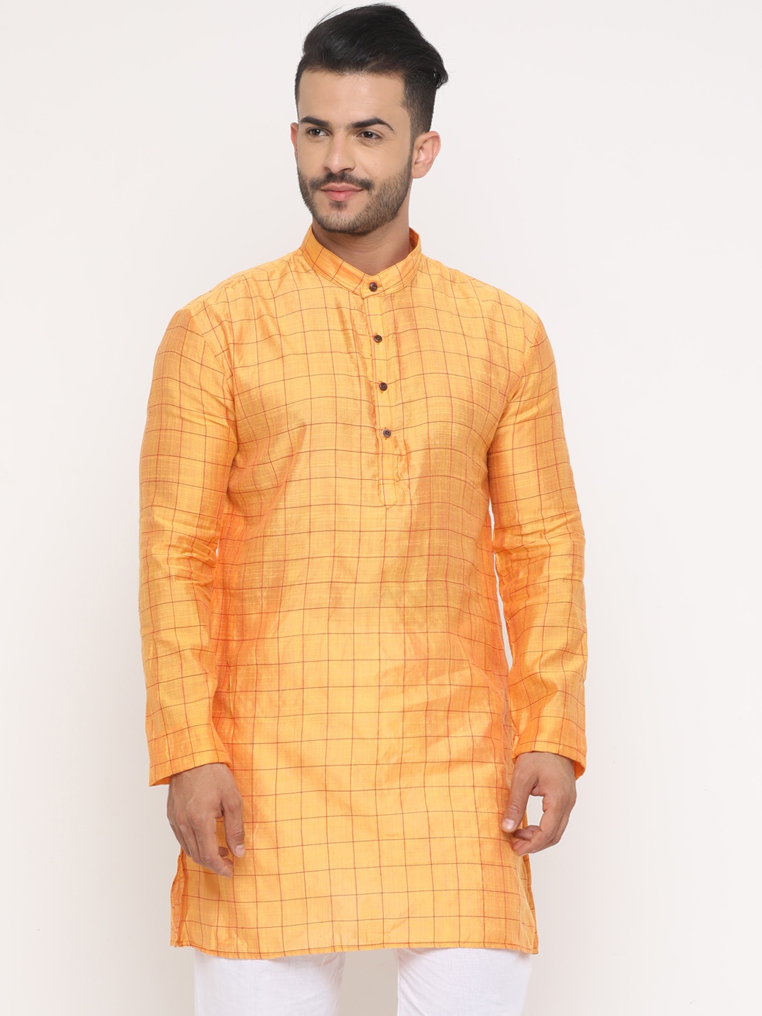 

SHOWOFF Men Yellow Checked Straight Kurta