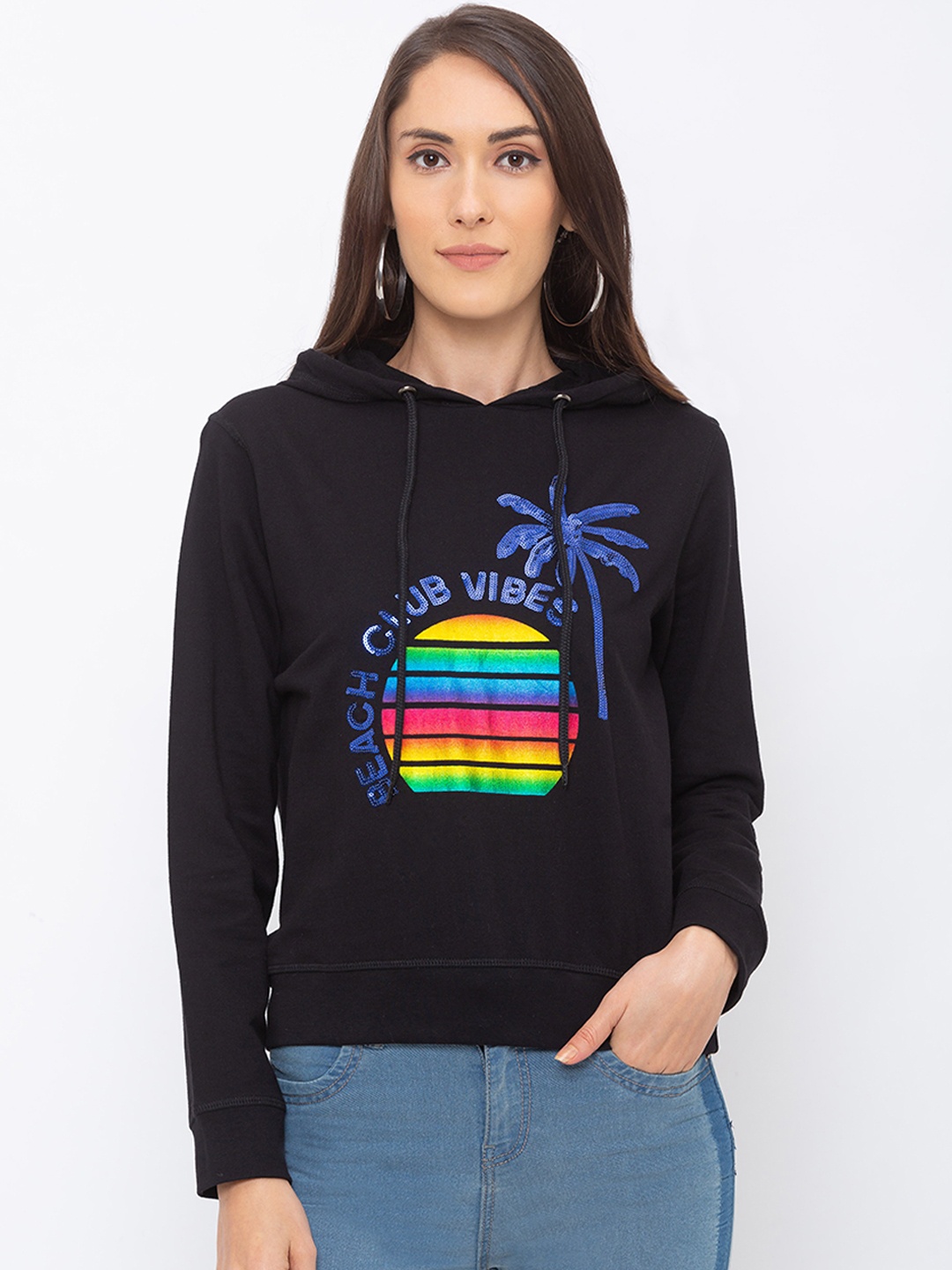 

Globus Women Black & Blue Printed Hooded Sweatshirt