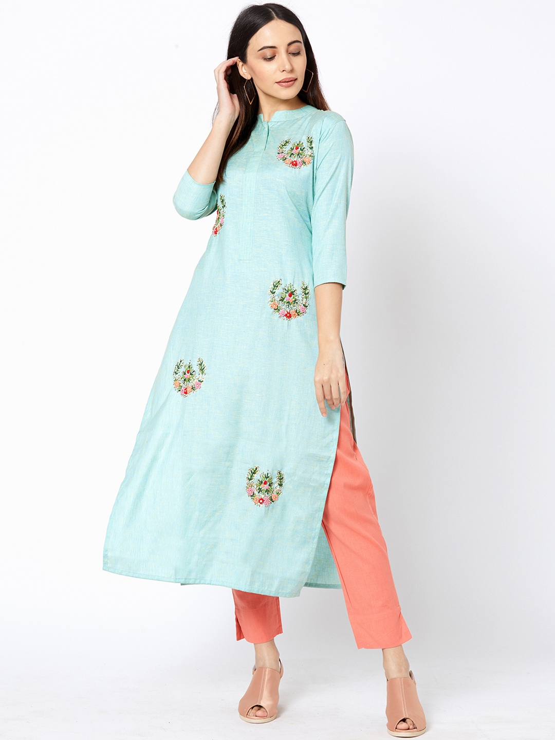 

FASHOR Women Sea Green Embroidered Straight Kurta