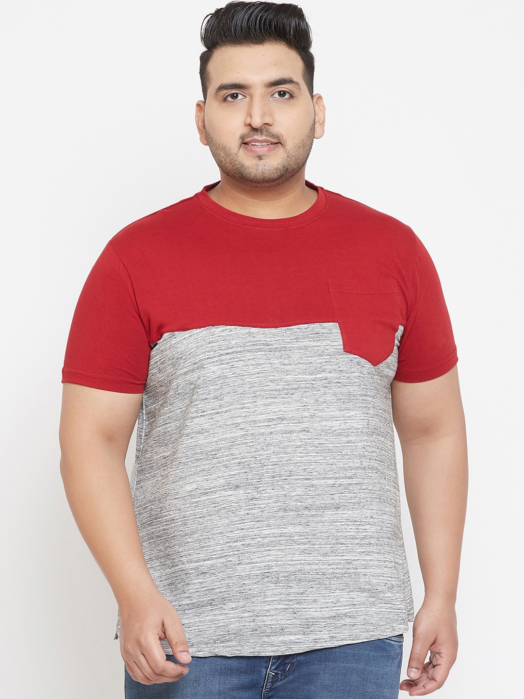 

bigbanana Plus Size Men Grey red Colourblocked Round Neck T-shirt