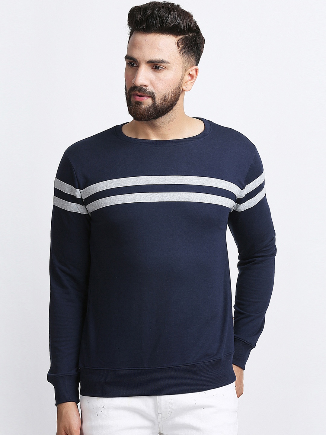 

Rodzen Men Navy Blue Striped Sweatshirt