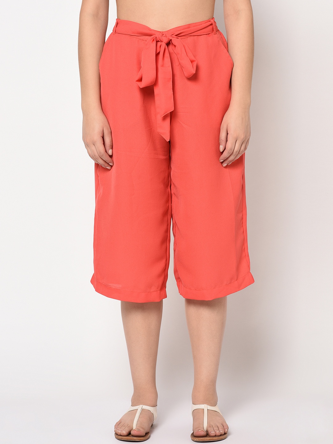 SQew Women Peach-Coloured Regular Fit Solid Parallel Trousers