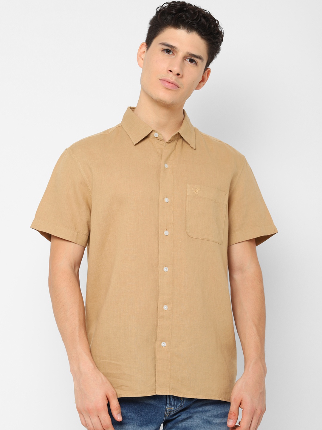 

AMERICAN EAGLE OUTFITTERS Men Khaki Classic Regular Fit Solid Casual Linen Shirt