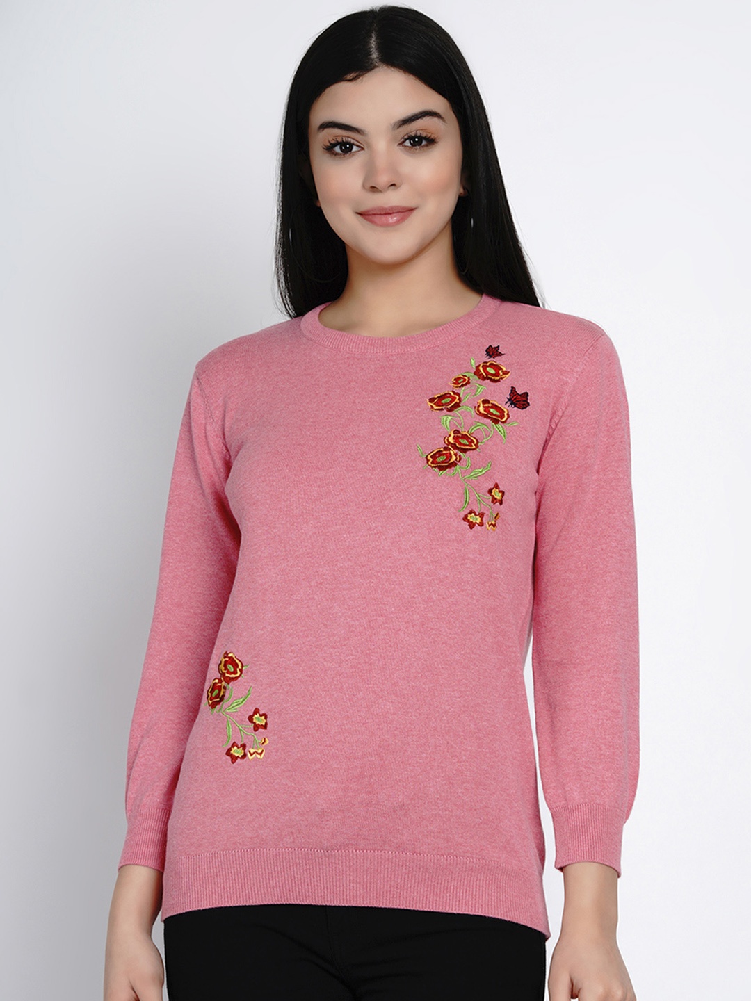 

ARMISTO Women Pink Floral Embroidered Pullover Sweater