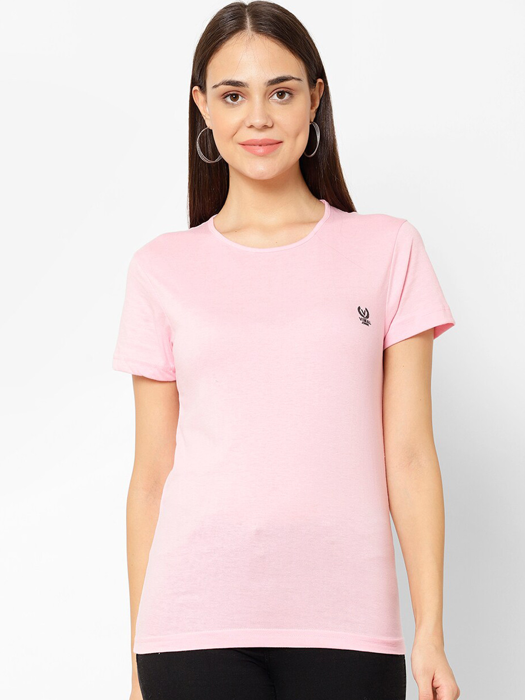

VIMAL JONNEY Women Pink Solid Round Neck T-shirt
