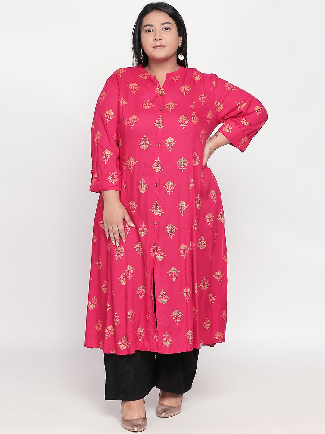 

RANGMANCH PLUS by Pantaloons Women Pink & Gold Floral Print A-Line Kurta
