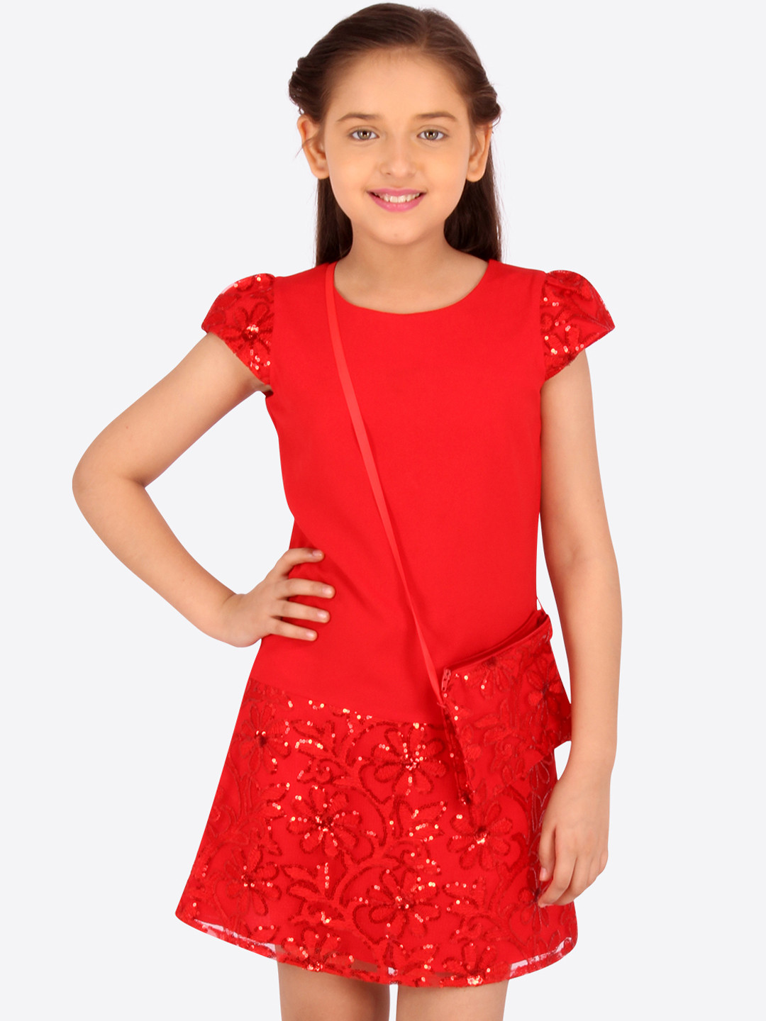 

CUTECUMBER Girls Red Solid A-Line Dress With Sling Bag
