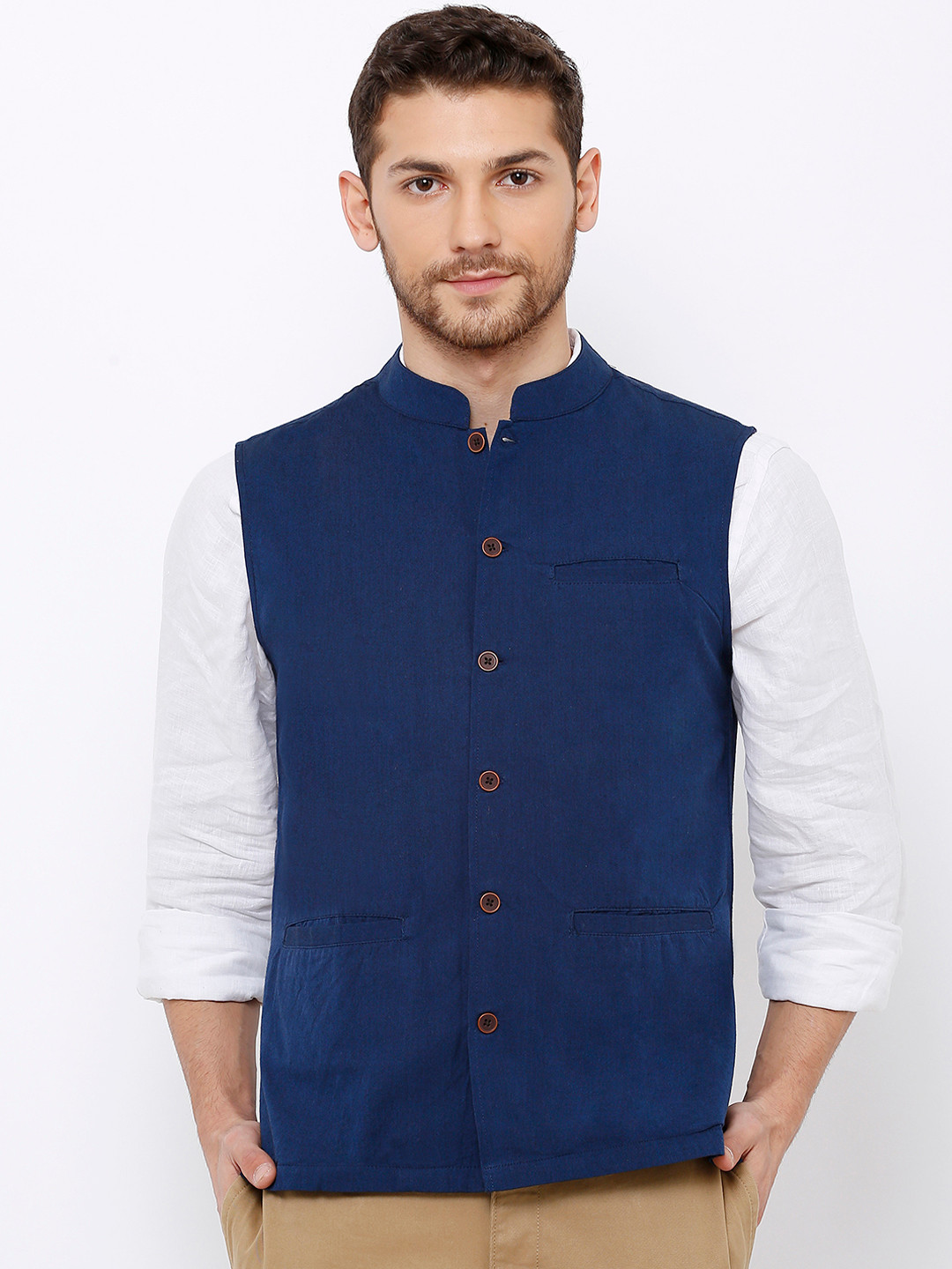 

SALWAR STUDIO Men Blue Solid Pure Cotton Nehru Jacket