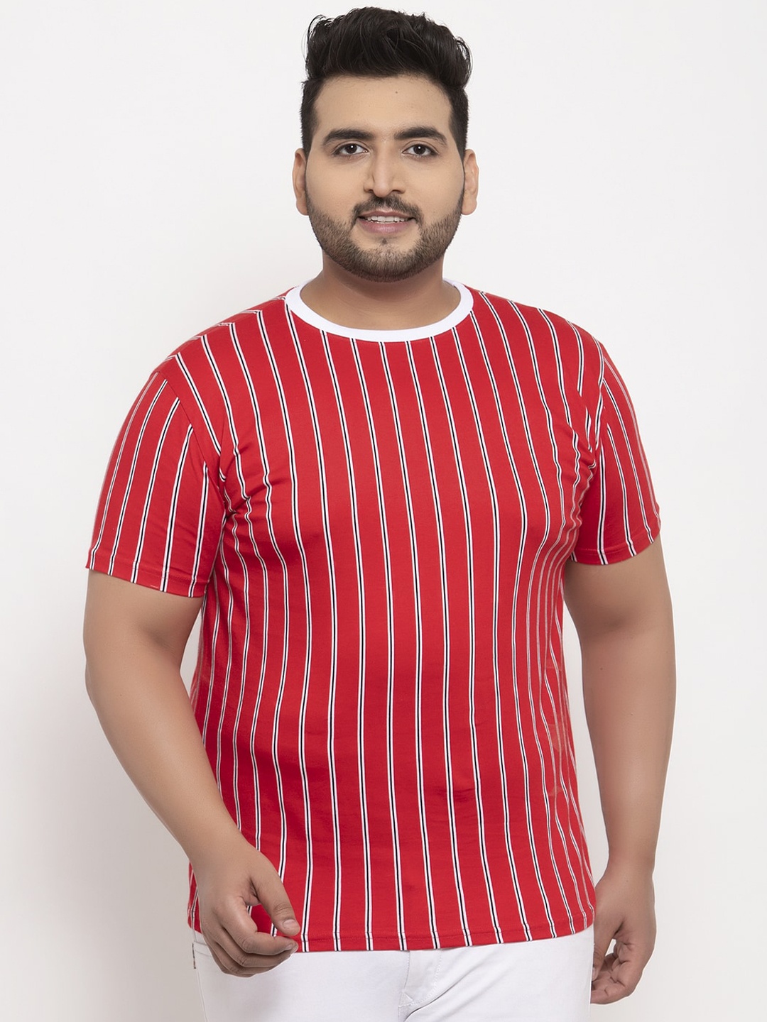 

Rodzen Men Red Striped Round Neck T-shirt