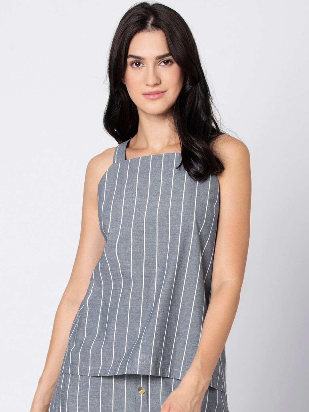 

FabAlley Women Grey Striped Pure Cotton Top