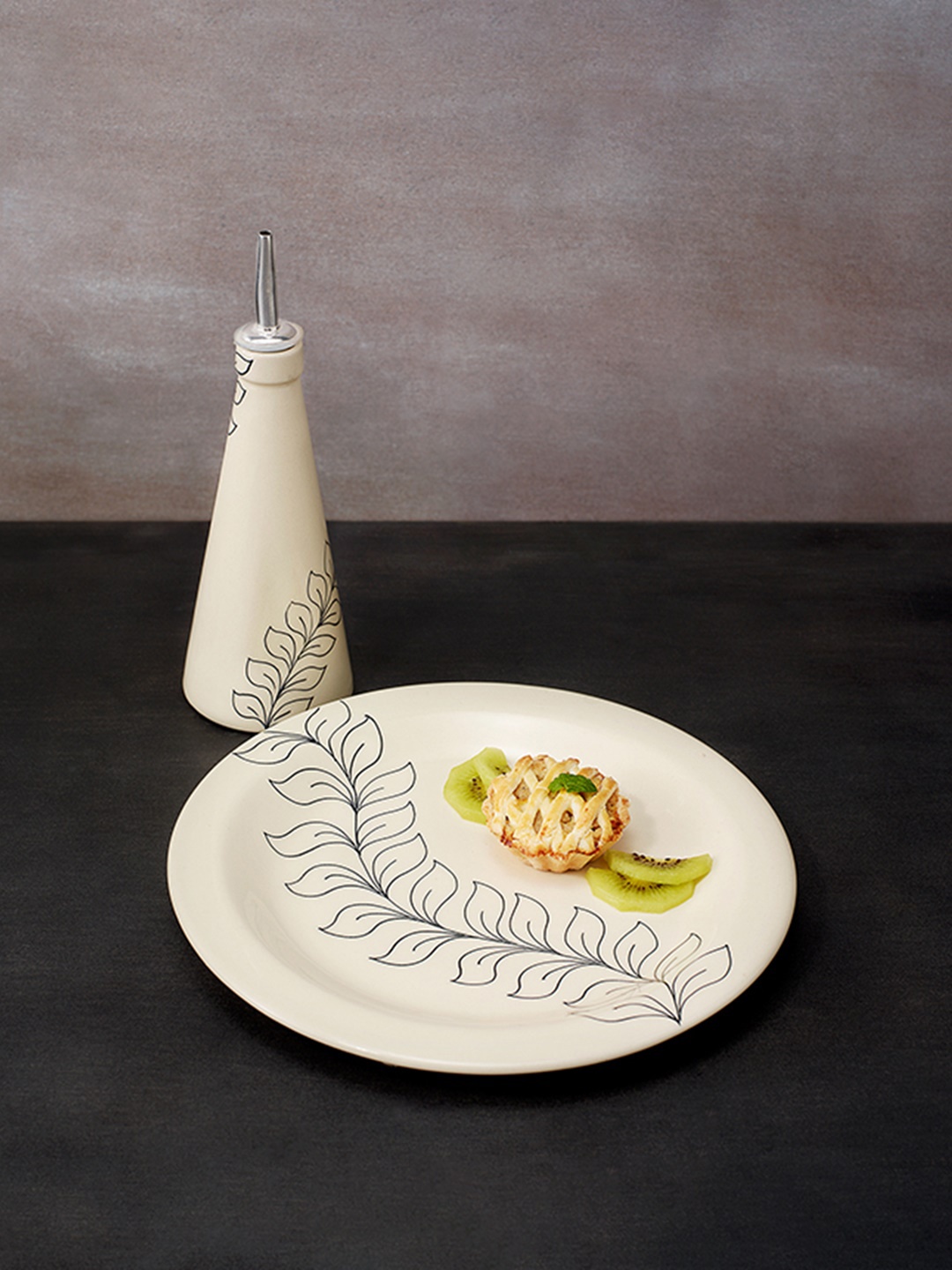 

ellementry Off-White & Black Handpainted Dessert Plate