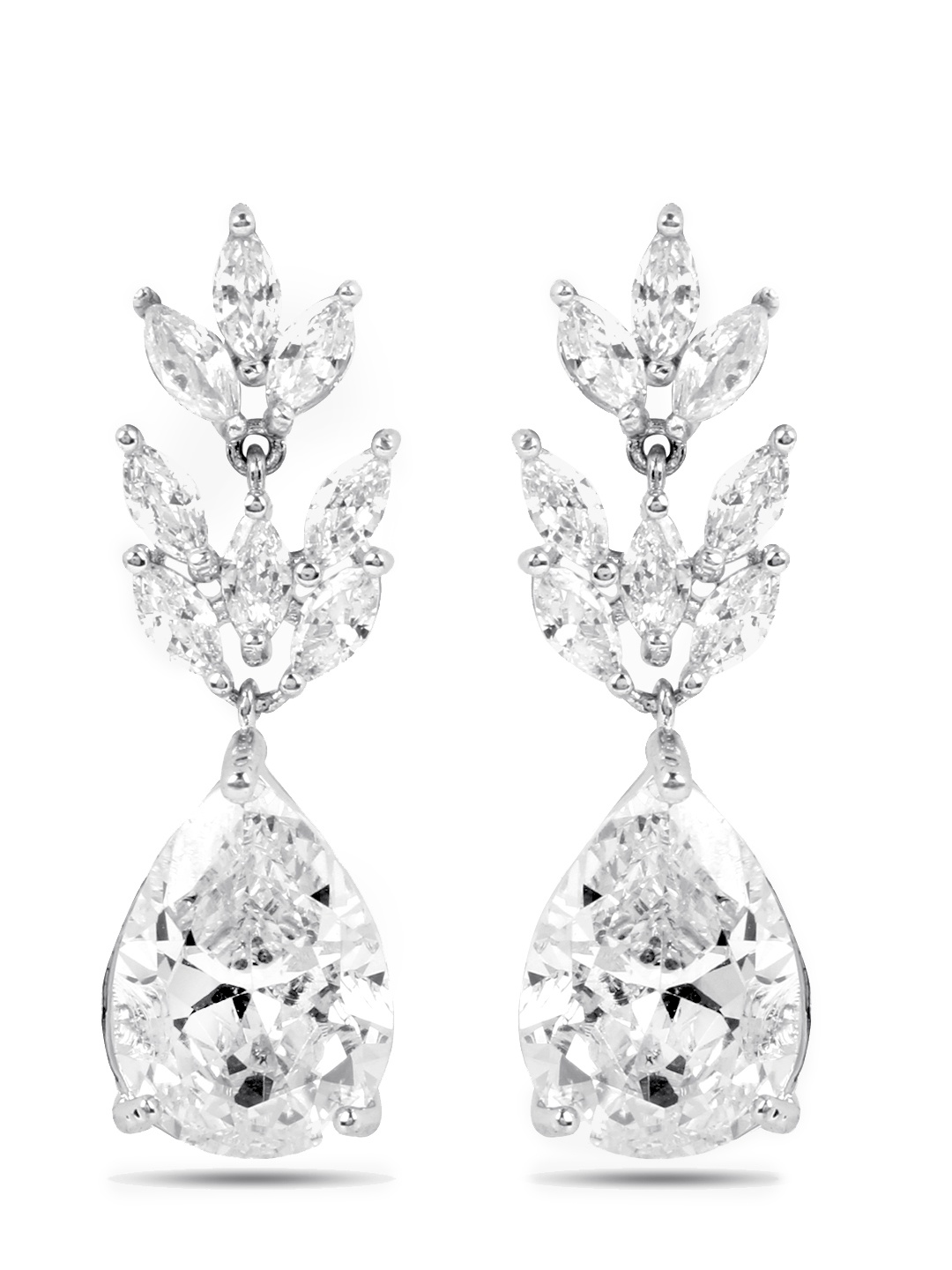 

Yellow Chimes Silver-Toned Rhodium-Plated CZ-Studded Leaf Shaped Drop Earrings