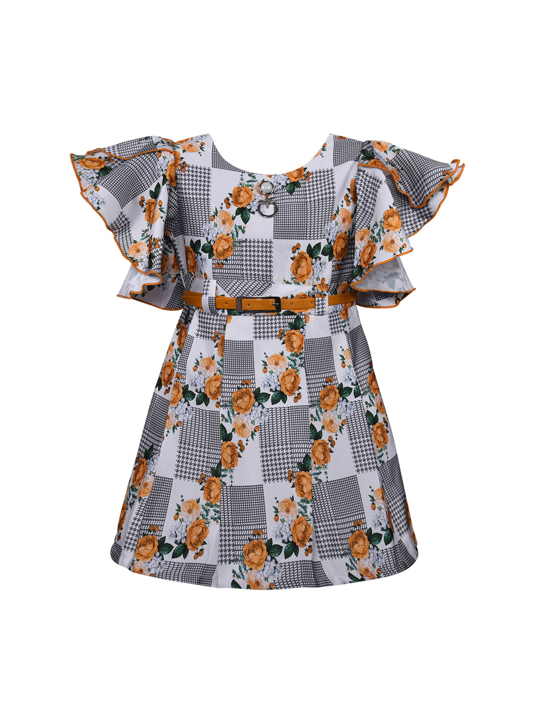 

Wish Karo Girls White & Grey Floral Print Fit and Flare Dress