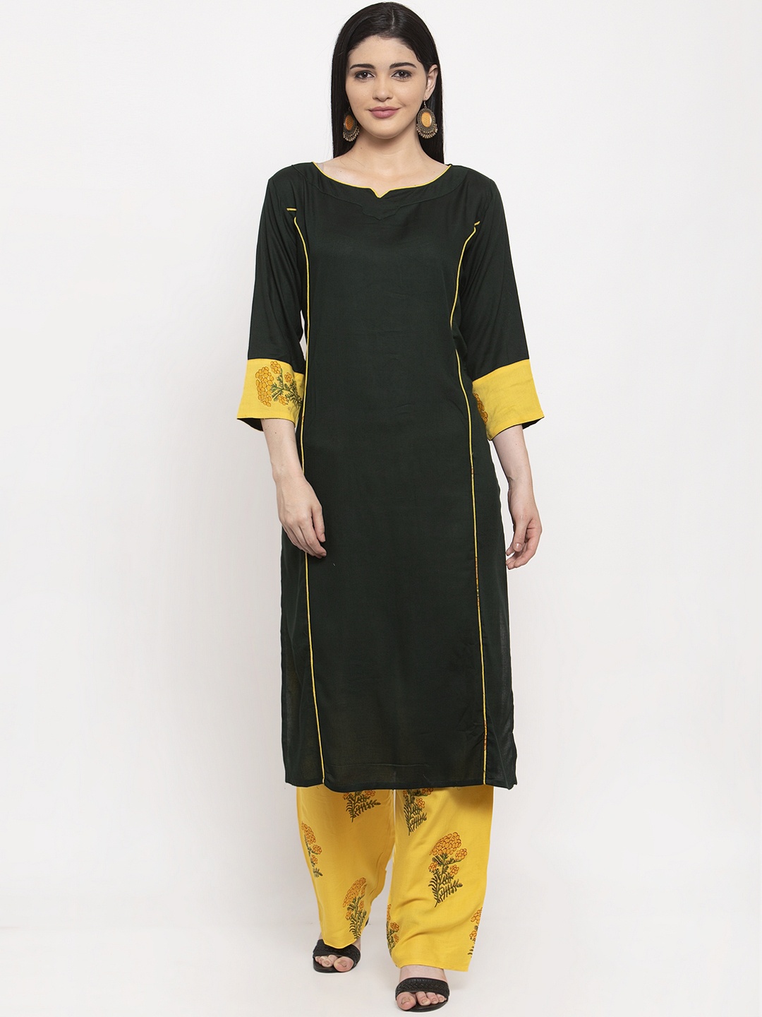 

ANAISA Women Black & Yellow Solid Kurta with Palazzos