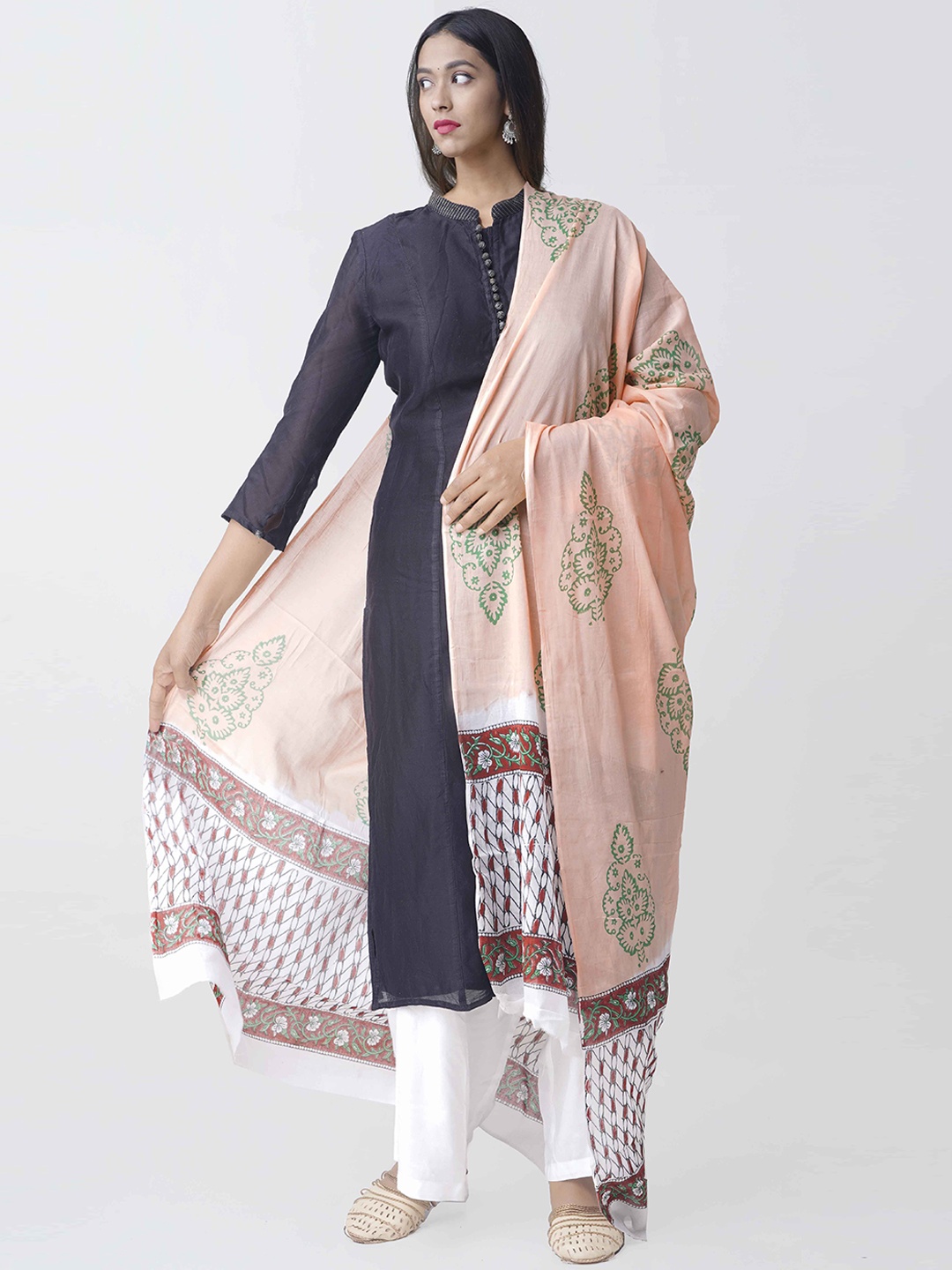 

Unnati Silks Peach Orange & Green Block Print Sustainable Cotton Dupatta