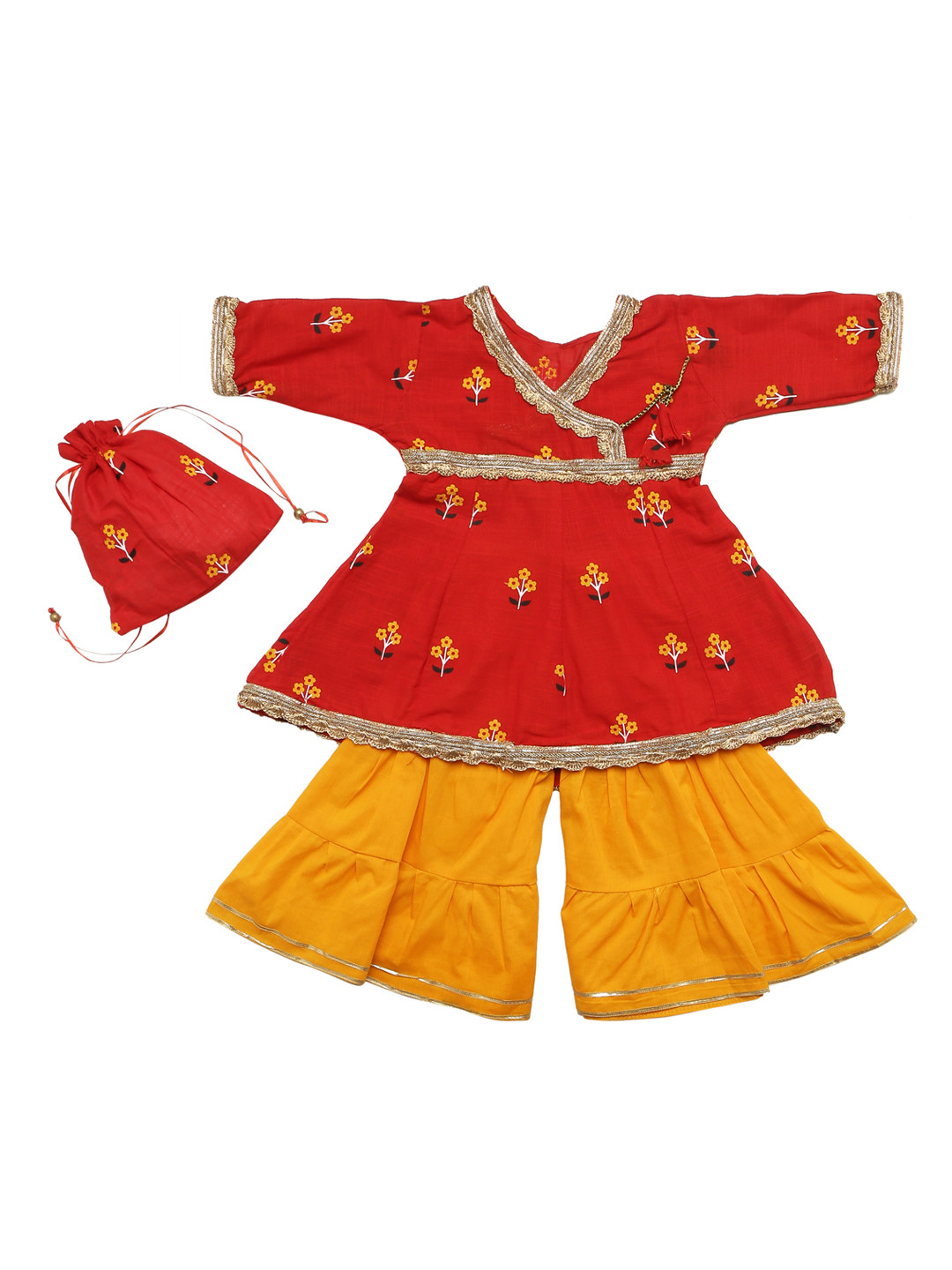 

YK Girls Red & Yellow Printed Kurta with Sharara