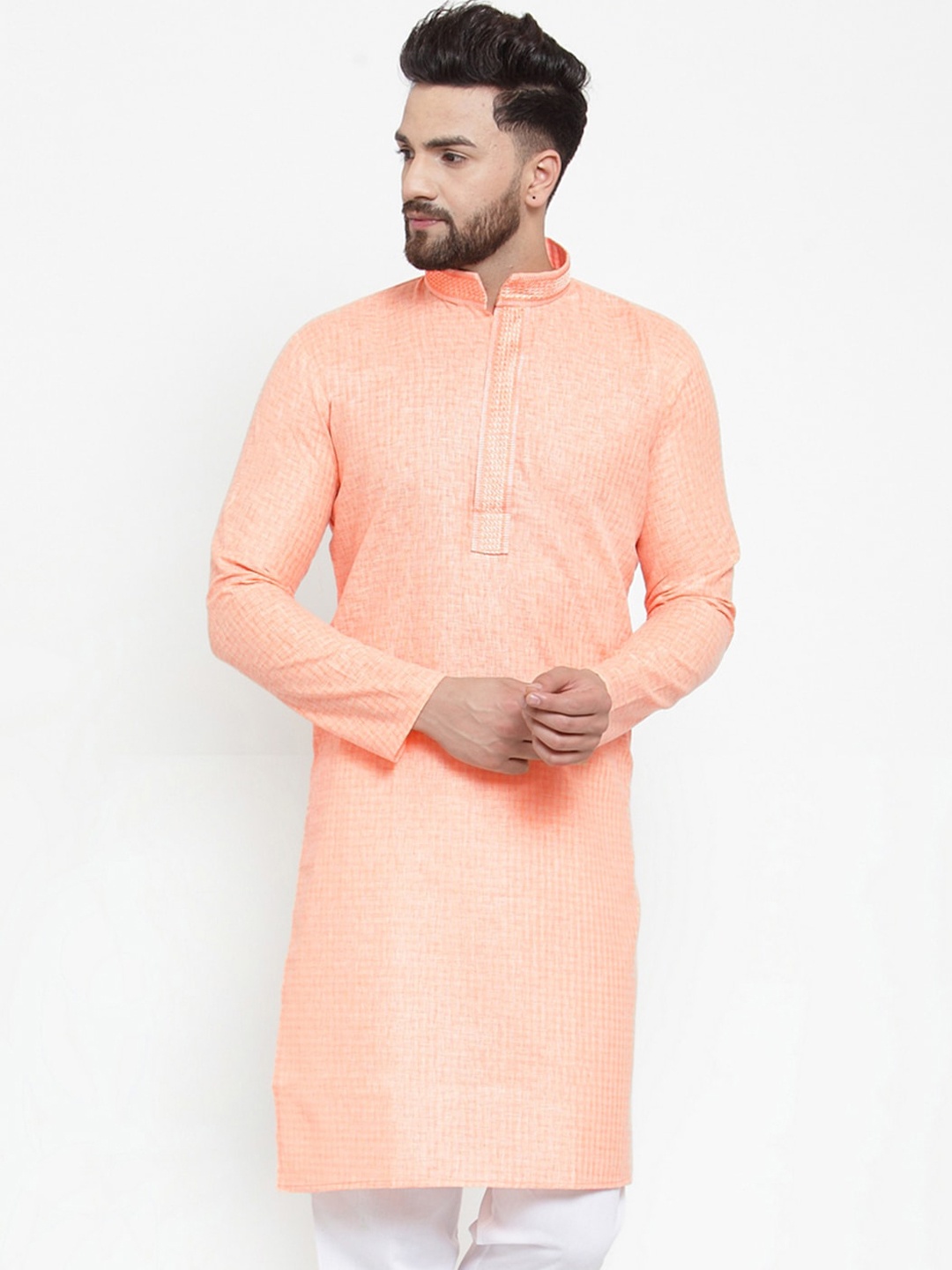 

Jompers Men Peach-Coloured Embroidered Straight Kurta