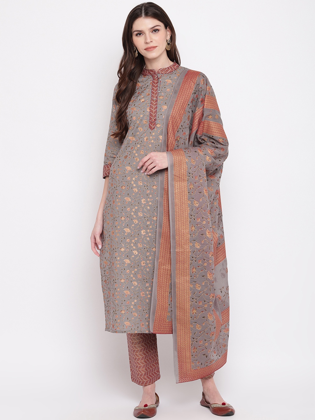 

Vbuyz Women Grey & Red Printed Kurta with Trousers & Dupatta
