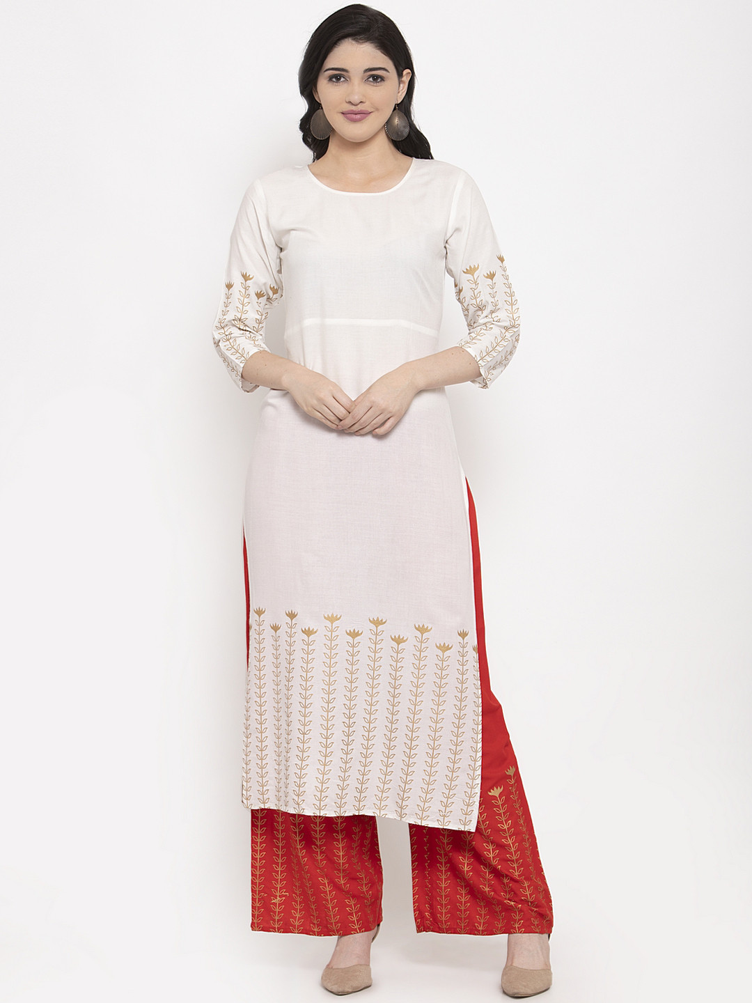 

ANAISA Women White & Orange Printed Kurta with Palazzos
