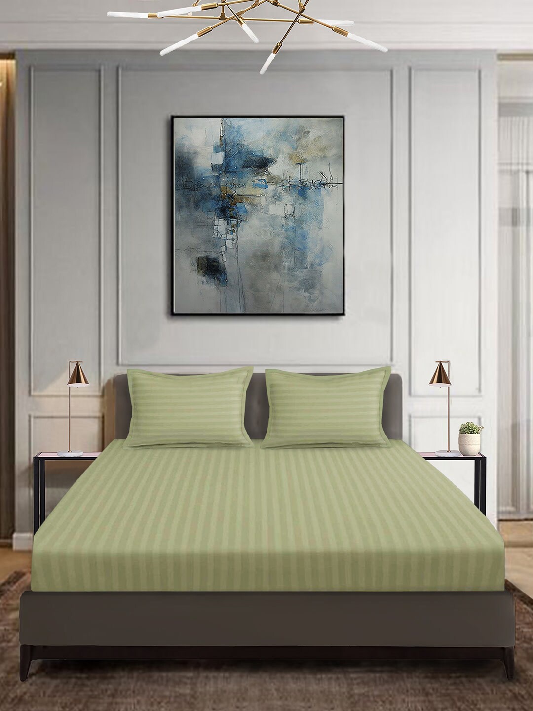 

URBAN SPACE Green Striped 300 TC Cotton 1 King Bedsheet with 2 Pillow Covers