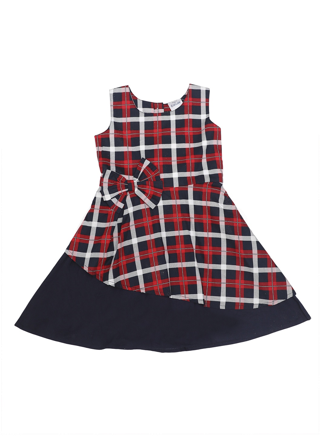 

Doodle Girls Navy Blue & Red Checked Fit and Flare Dress