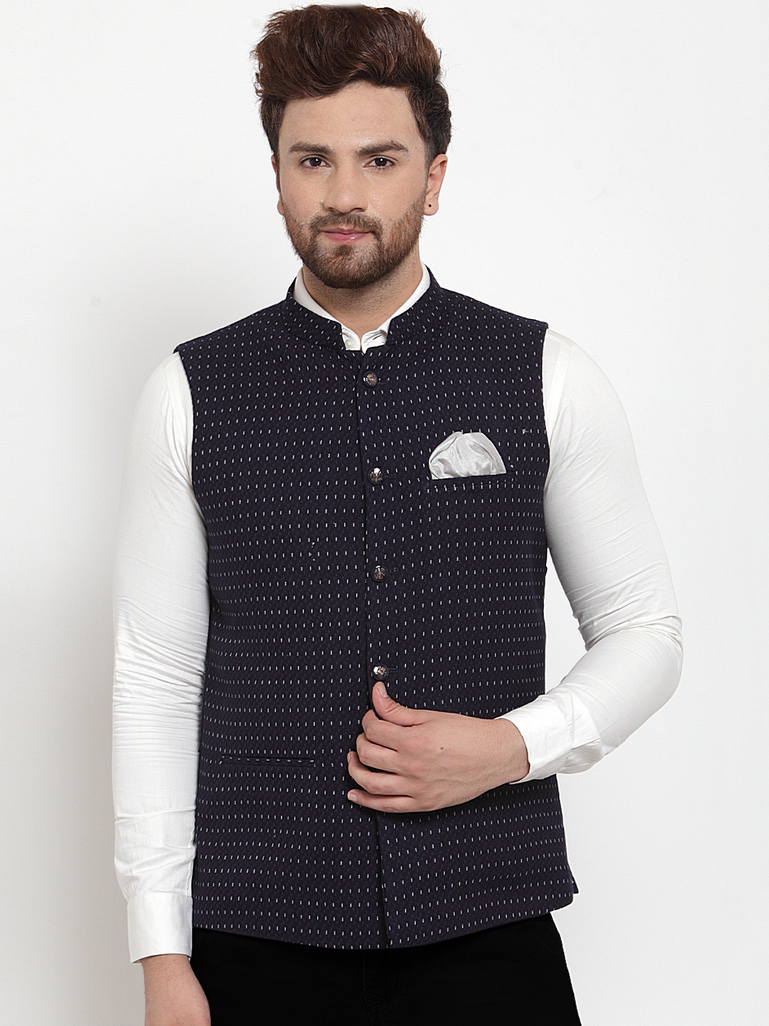 

MAXENCE Men Navy Blue & White Printed Nehru Jacket