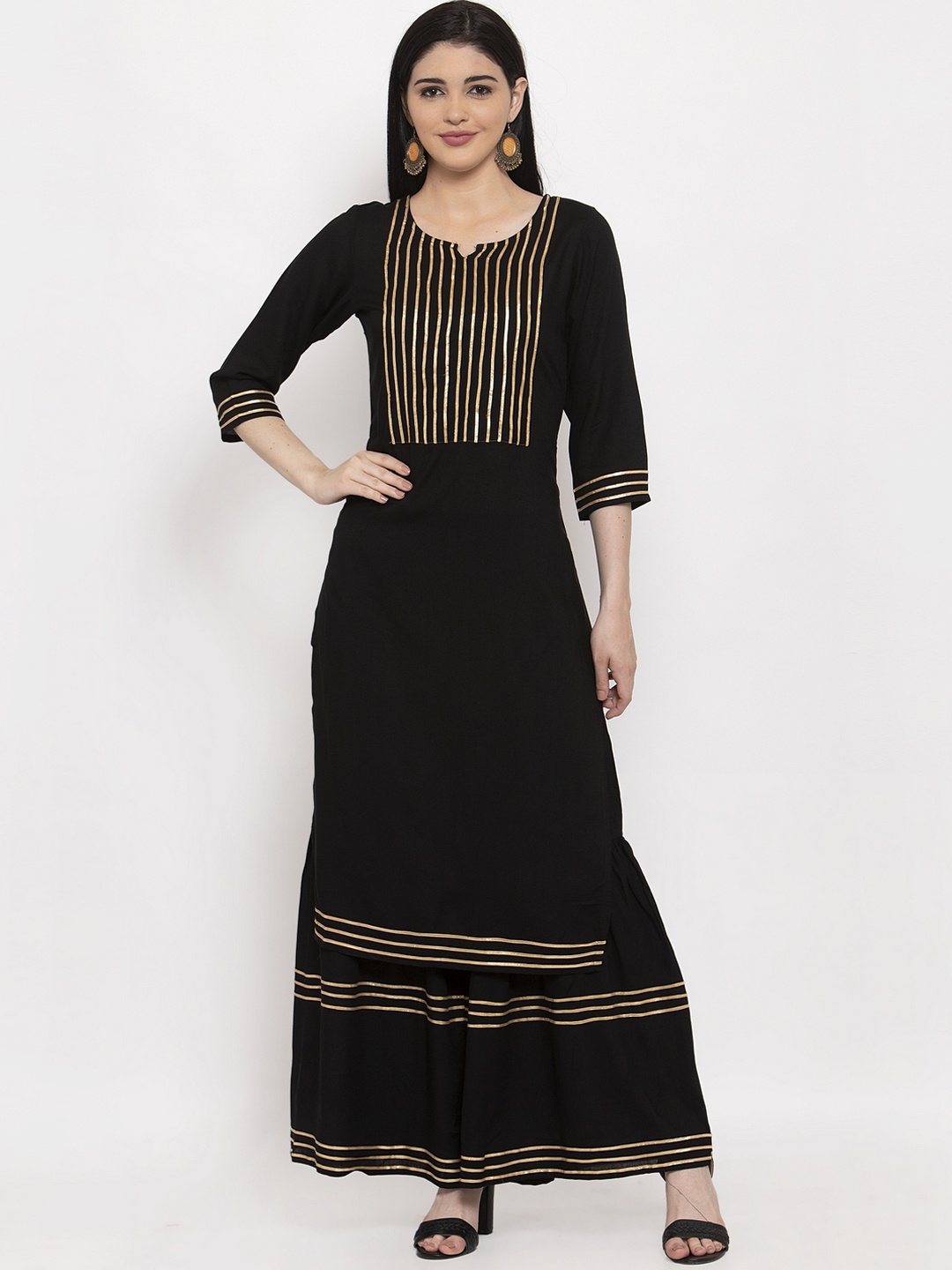 

ANAISA Women Black & Gold Striped Kurta with Sharara