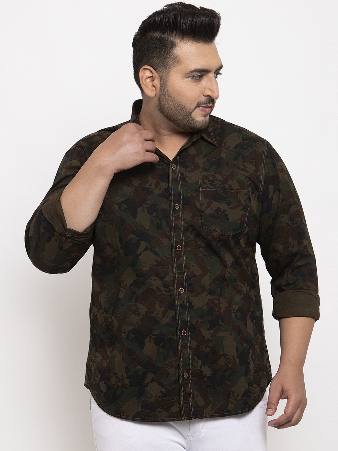 

plusS Men Brown & Green Regular Fit Camouflage Printed Casual Shirt