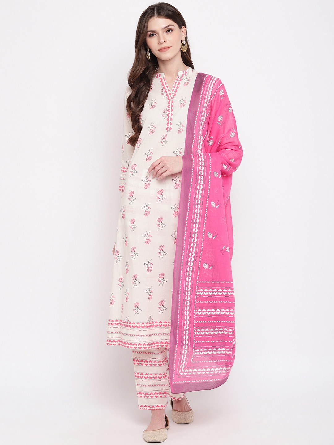 Vbuyz Women White & Pink Floral Printed Kurta with Palazzos & Dupatta