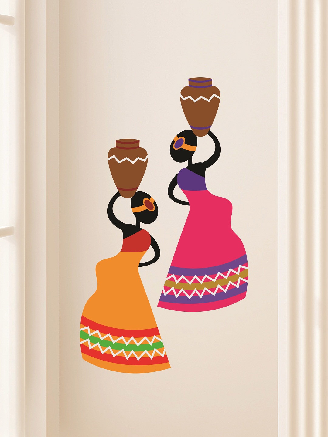 WALLSTICK Orange & Pink Villagers With Mud Pot Large Vinyl Wall Sticker