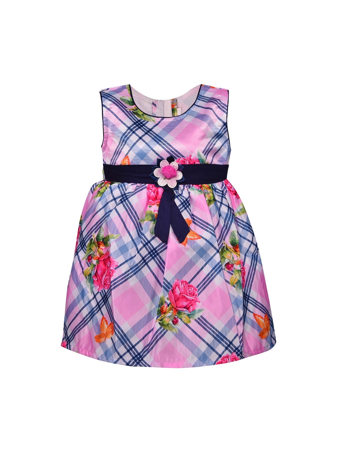 Wish Karo Girls Pink & Blue Printed Fit and Flare Dress