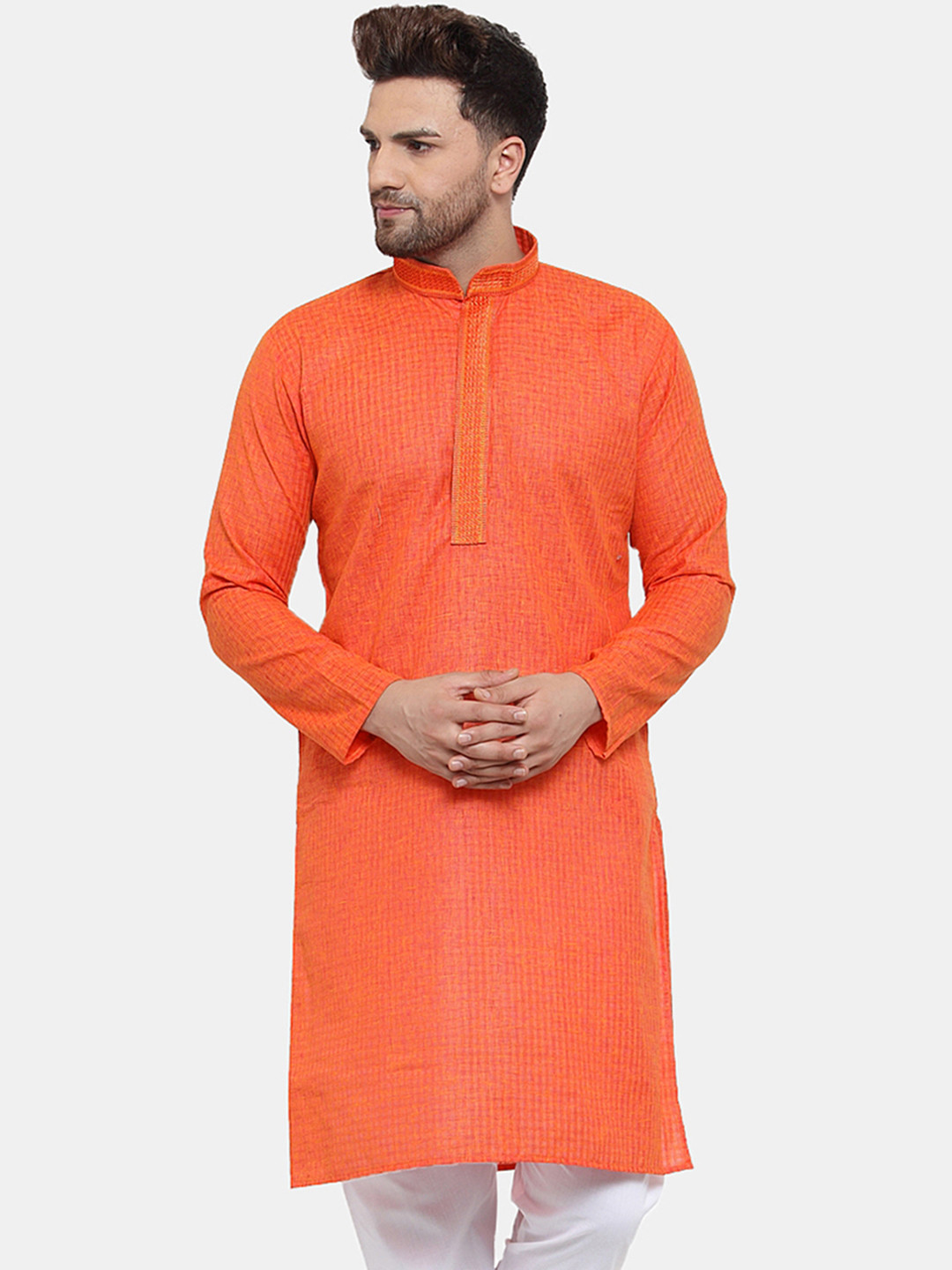 

Jompers Men Orange Checked Straight Kurta