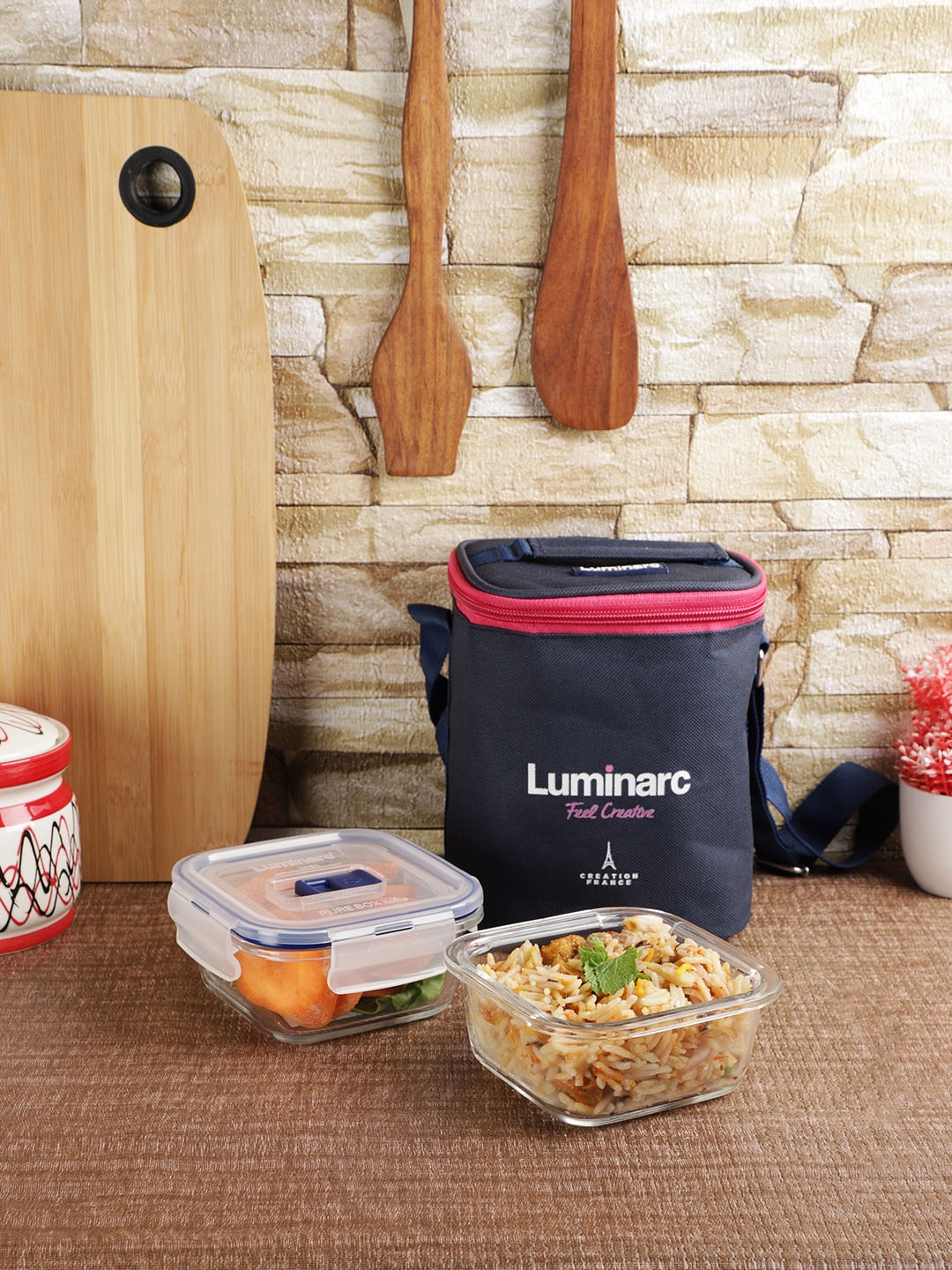 

Luminarc Set of 3 Navy Blue & Transparent Square Containers With Lunch Bag