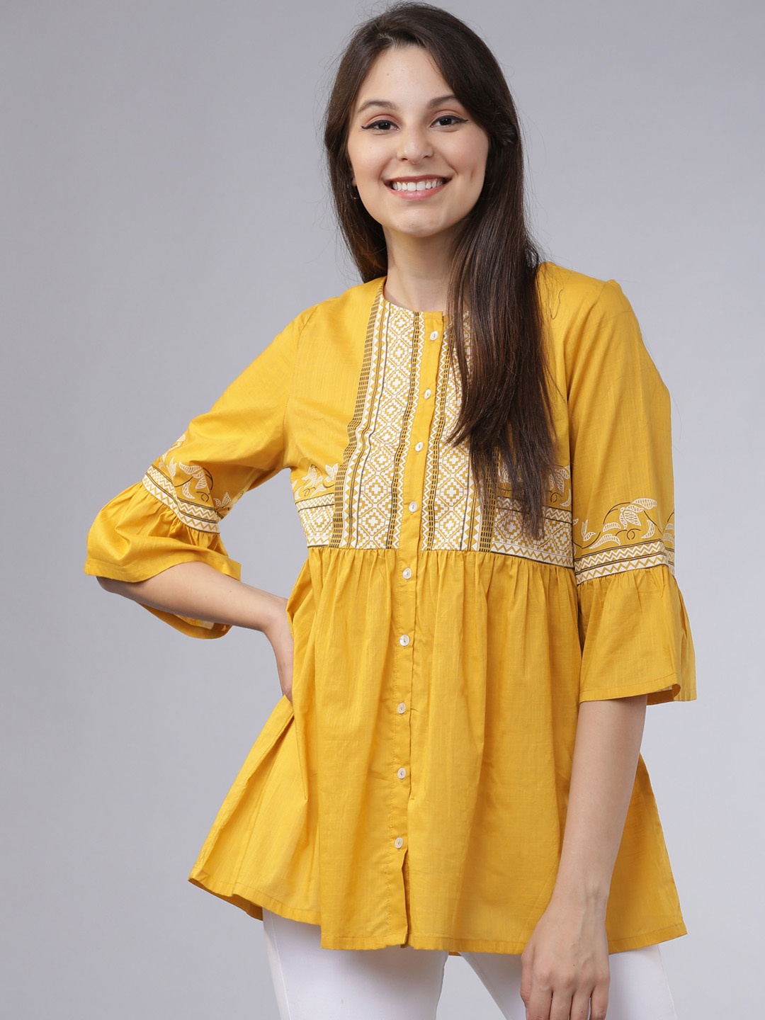 

Vishudh Women Mustard Yellow Printed A-Line Pure Cotton Top