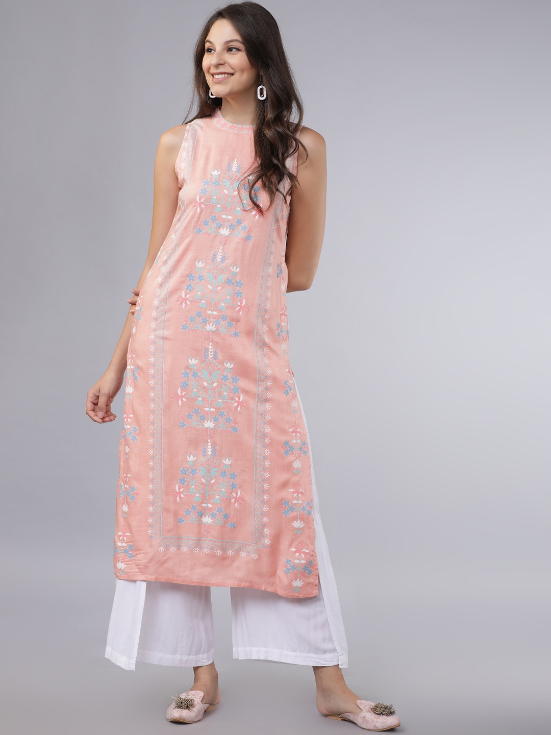 

Vishudh Women Peach Floral Print Straight Kurta