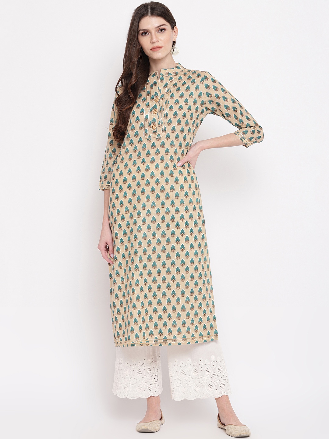 

Vbuyz Women Beige & Blue Tribal Print Straight Kurta