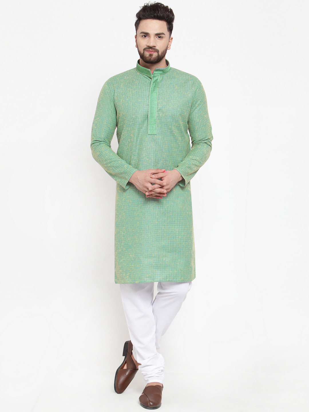 

Jompers Men Green & White Yoke Design Kurta with Pyjamas