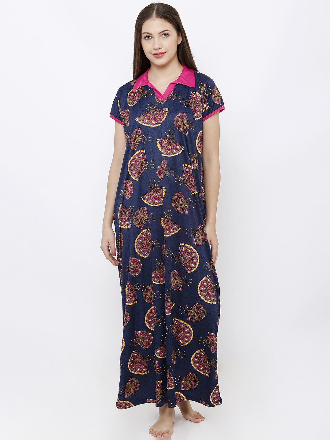 

Pretty Awesome Navy Blue & Yellow Printed Nightdress