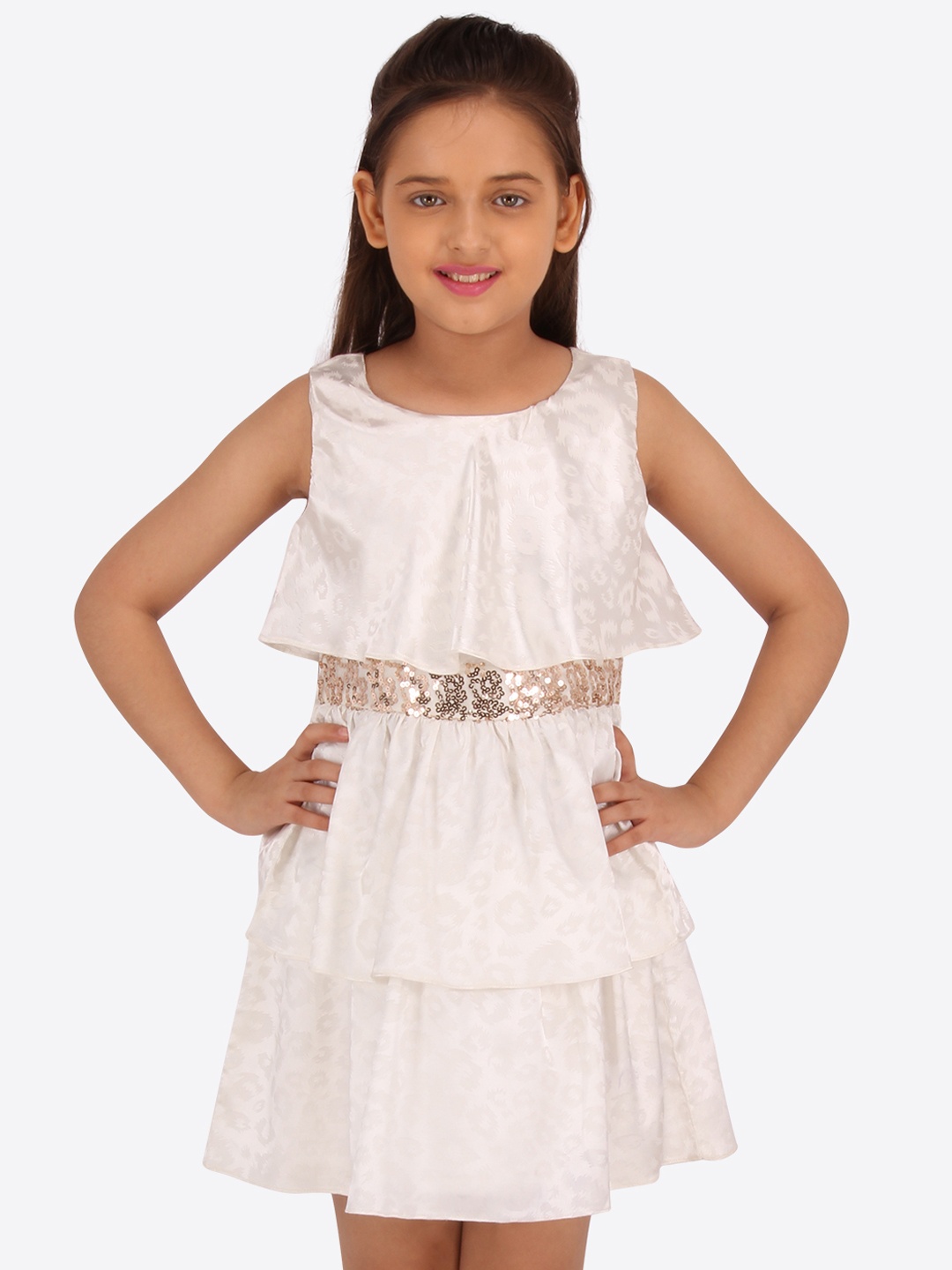 

CUTECUMBER Girls White Self Design Fit and Flare Dress